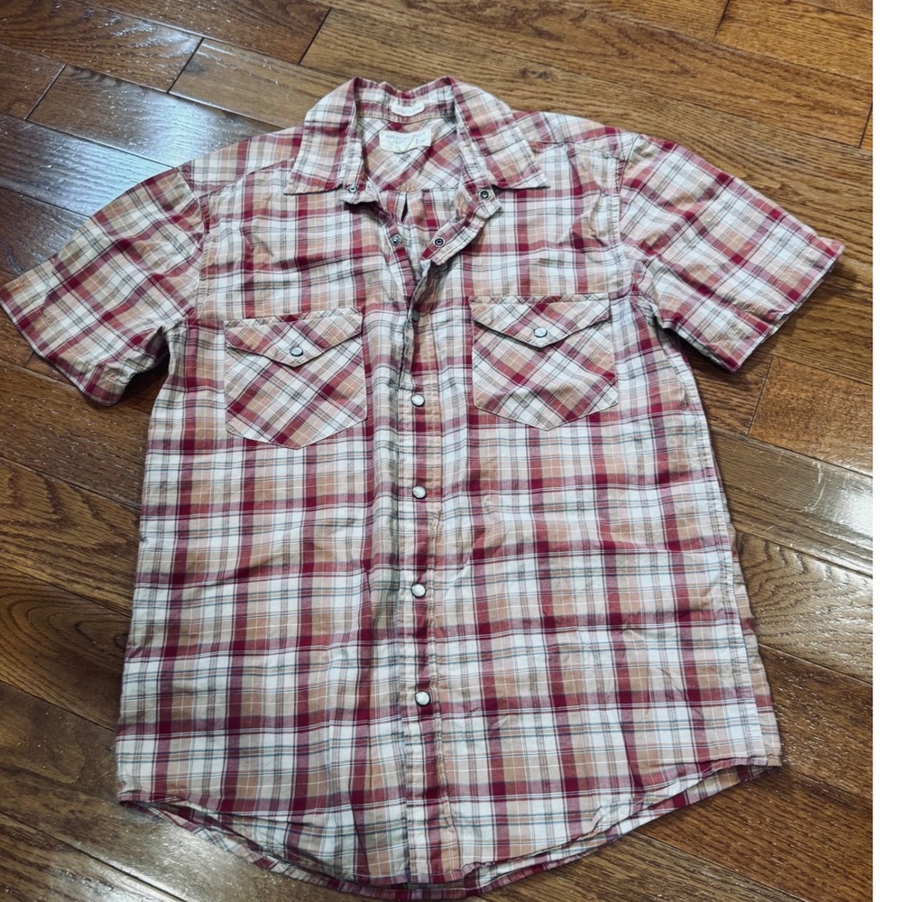 American Eagle Mens XS Vintage Slim Fit Plaid Pearl Snap Short Sleeve Shirt Red